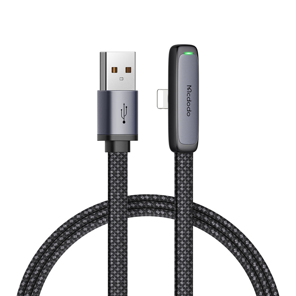 MCDODO CA-2790 MDD 1.2m Nylon Braided Data Cord Elbow Angled USB to Lightning 3A Fast Charging Cable - Black MCDODO CA-2790 MDD 1.2m Nylon Braided Data Cord Elbow Angled USB to Lightning 3A Fast Charging Cable - Black